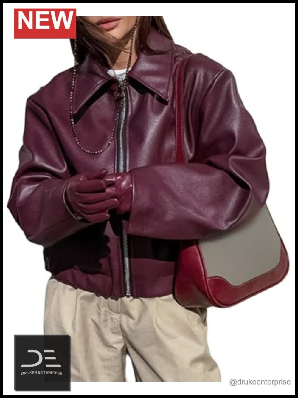 Faux Leather Moto Jacket Zip Up Oversized Biker Coat Women